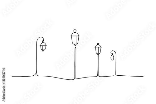 Twilight Lantern Silhouettes. Twilight lantern scene. Minimalistic one-line drawing soft street lantern