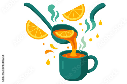 Citrus Cider Pouring. Citrus spice pour. Steam rises from cider as a ladle pours the liquid into a cup,