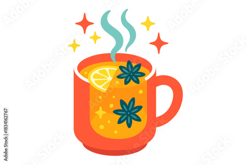 Winter Cider Delight. Warm winter mug. Apple cider glimmers with floating citrus and star anise, steam curling