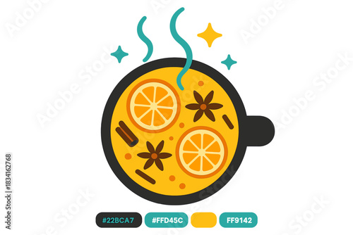 Spiced Winter Cider. Spiced winter cider. A top view shows oranges and spices floating on golden cider, soft