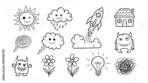 Fotografie Doodle Illustration Elements: A collection of charming black and white doodle illustrations, offering creative resources for playful and imaginative designs