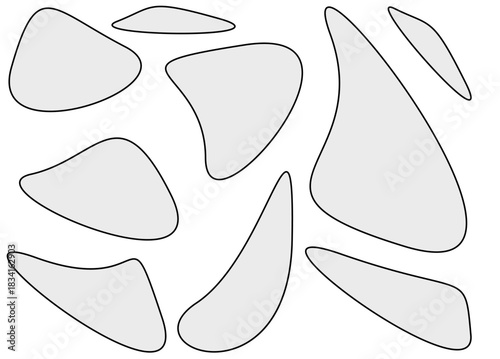 Light gray abstract shapes outlined in black on white background minimalist irregular pattern for visual perception, art therapy, design texture studies