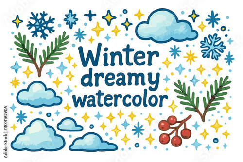 Winter Dreamy Watercolor. Winter dreamy watercolor. Hand-drawn doodle illustration of Winter dreamy watercolor