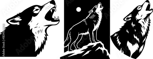 Wild Wolf Howling at Moon Vector Graphic Design Elements