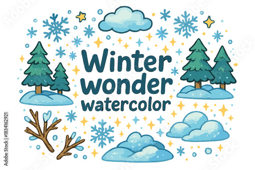 Winter Wonderland Art. Winter wonder watercolor. Hand-drawn doodle illustration of Winter wonder watercolor.