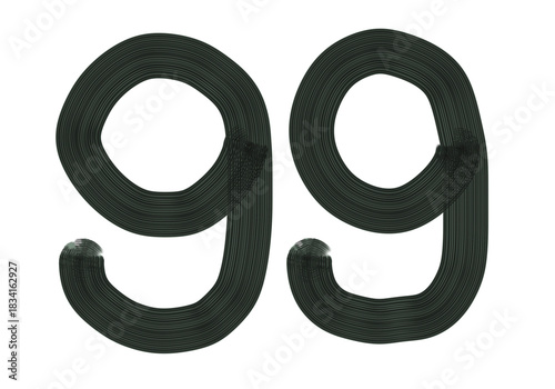Number Ninety-nine, 99 made with Plaster Rake Brush on transparent background, Digit, Black color, Dark-green color, isolated background, Illustration, Typography, Handmade, Set 0-100