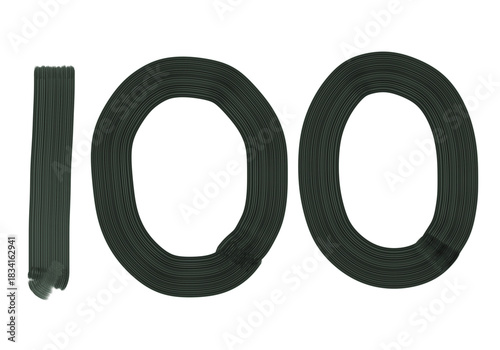 Number One hundred, 100 made with Plaster Rake Brush on transparent background, Digit, Black color, Dark-green color, isolated background, Illustration, Typography, Handmade, Set 0-100