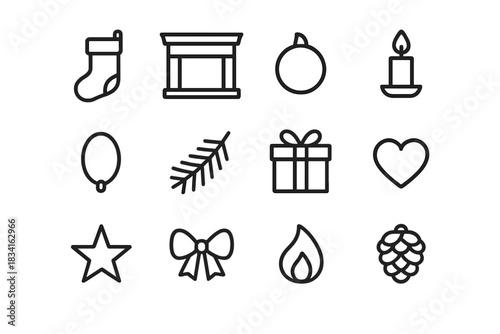 Christmas Icon Set. Stocking and mantel. Line outline icon set of Stocking and mantel: hanging stocking,