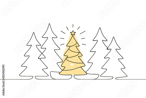 Glowing One-Line Tree. Winter forest glow. Minimalistic one-line drawing glowing Christmas tree casting light