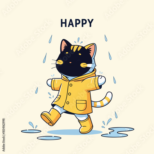 A cute cartoon black and yellow cat mascot happily jumps in puddles while wearing a bright yellow raincoat and boots under the rain