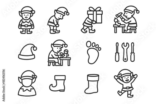 Workshop Elves Icons. Workshop elves. Line outline icon set of Workshop elves: standing elf, bending elf,
