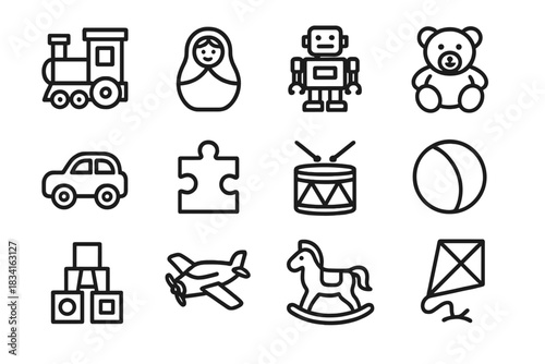 Toy Assembly Icons. Toy assembly. Line outline icon set of Toy assembly: toy train, wooden doll, robot toy,
