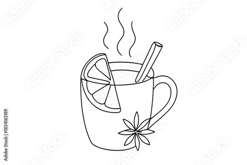 Minimalist Mulled Wine. Mulled wine close-up. Minimalistic one-line drawing steaming mug with slice of orange