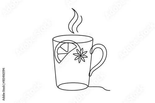 Minimalist Mulled Wine Drawing. Winter mulled wine. Minimalistic one-line drawing hot beverage with floating