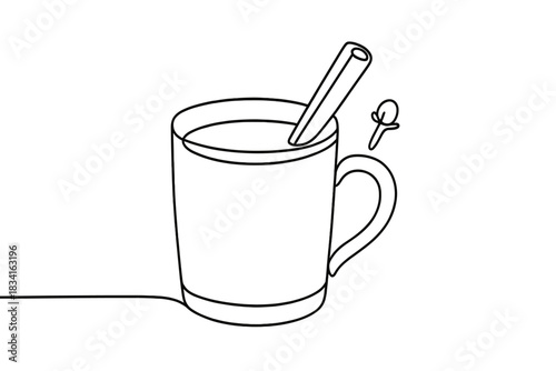 Minimalist Mulled Wine. Christmas mulled wine. Minimalistic one-line drawing mug with cinnamon and clove hint
