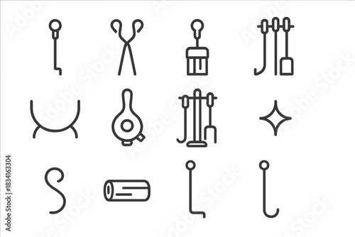 Fireplace Tools Icons. Fireplace tools. Line outline icon set of Fireplace tools: poker, tongs, brush, shovel,