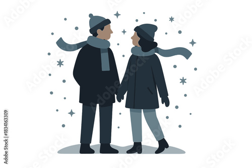 Romantic Winter Stroll. Romantic winter walk. Two figures pause under falling snow, matching scarves curling