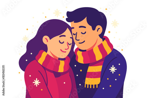 Winter Embrace. Cozy winter cuddle. A couple with matching scarves lean into each other, snowflakes and tiny