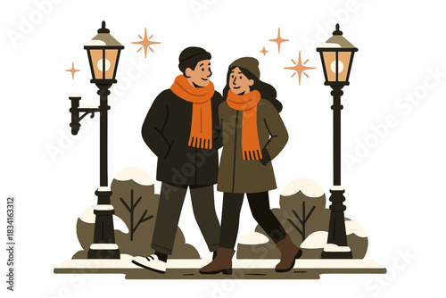 Winter Stroll Vibes. Winter city stroll. A couple in matching scarves walk past snow-dusted lamp posts, spark