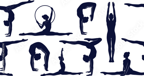 Graceful rhythmic gymnastics silhouette collection, female athletes performing acrobatic poses, splits, handstands, holding hoops, detailed vector illustration set for fitness, sport,