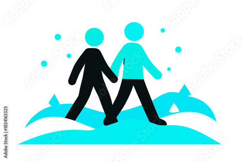Geometric Snow Walk. Snow Walk Together. Flat minimalist vector illustration of a Snow Walk Together. Two