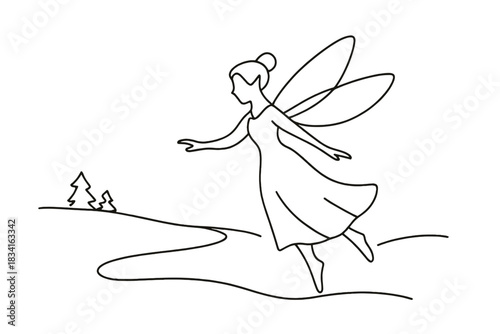 Enchanted Snowy Path. Enchanted snowy path. Minimalistic one-line drawing fairy figure gliding softly over