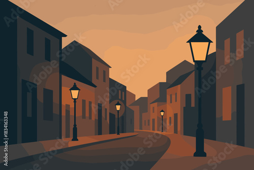 Lantern-Lit Dusk Street. Lantern-lit street at dusk minimalist flat illustration of a quiet street lined with