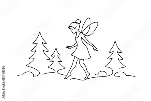 Snowy Fairy Glade. Fairy in snow glade. Minimalistic one-line drawing small fairy stepping gently amid snow