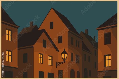 Vintage Urban Dusk. Historic street corner minimalist flat illustration of angular rooftops and lantern-lit