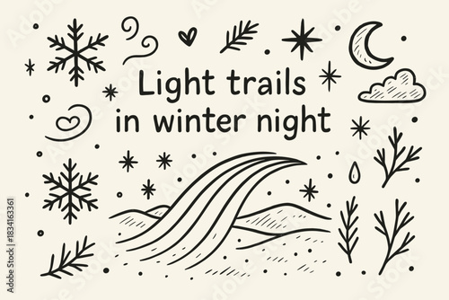 Winter Light Trails. Light trails in winter night. Hand-drawn doodle illustration of Light trails in winter
