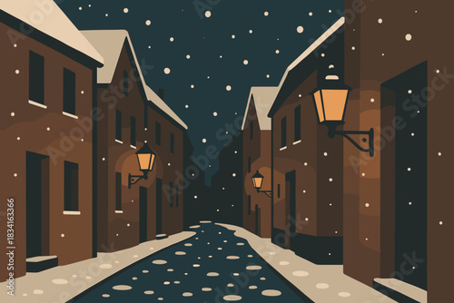 Snowy Lantern Street. Snowy lantern street minimalist flat illustration of a narrow street dusted with snow