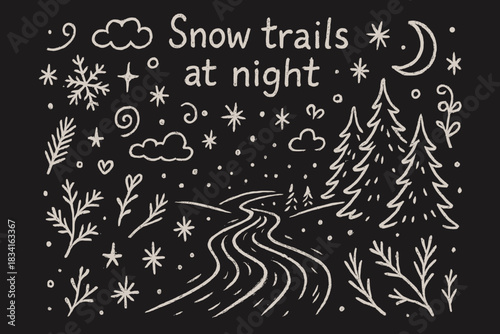 Snowy Night Doodle. Snow trails at night. Hand-drawn doodle illustration of Snow trails at night. Central