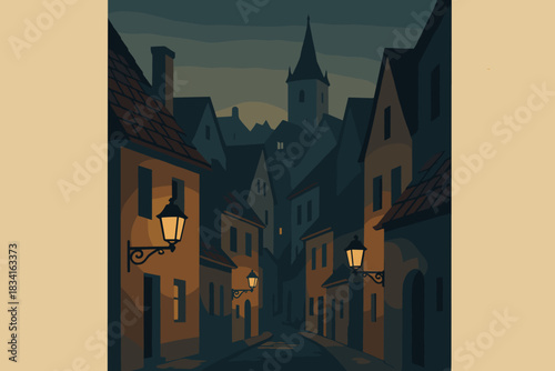 Lantern-Lit Streetscape. Old town dusk minimalist flat illustration of lantern-lit narrow streets with steep
