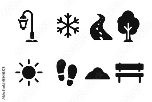 Snowy Street Icon Set. Snowy street lights at night. Filled icon set of Snowy street lights at night: street