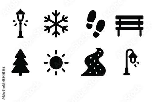 Snowy Night Icons. Snowy urban night. Filled icon set of Snowy urban night: street light, snowflake,