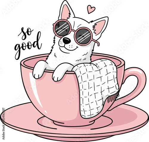 A cute cartoon dog wearing sunglasses relaxing in a pink teacup with a blanket. Text reads 'so good'