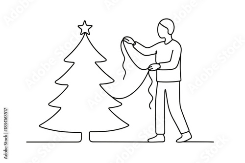 Minimalist Christmas Tree. Indoor festive tree. Minimalistic one-line drawing person draping garland around