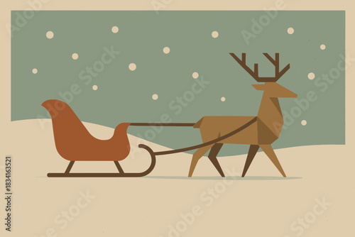 Geometric Reindeer Sleigh. Reindeer sleigh in snow minimalist flat illustration of a sleigh pulled by