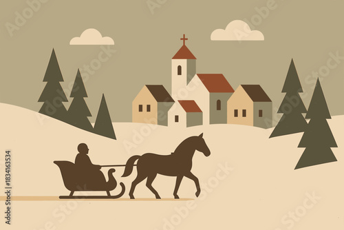 Sleigh in Snowy Village. Snowy village approach minimalist flat illustration of a sleigh arriving at a small