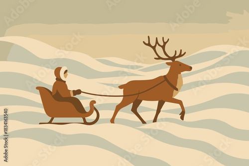 Reindeer Sleigh Adventure. Snow drift adventure minimalist flat illustration of a reindeer sleigh gliding