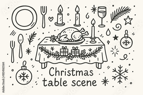 Festive Table Doodle. Christmas table scene. Hand-drawn doodle illustration of Christmas table scene. Central