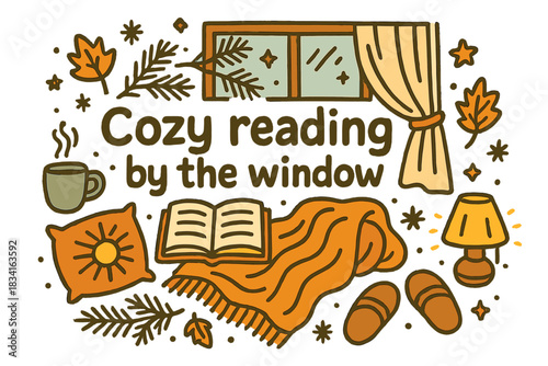 Cozy Reading Nook. Cozy reading by the window. Hand-drawn doodle illustration of Cozy reading by the window.