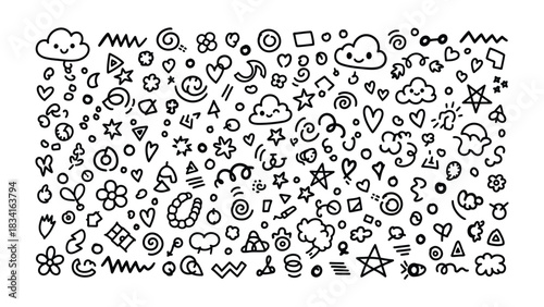 Playful Doodle Collection: A whimsical assortment of hand-drawn doodles, bursting with charming hearts, stars, and clouds, a delightful collection of playful and creative elements.