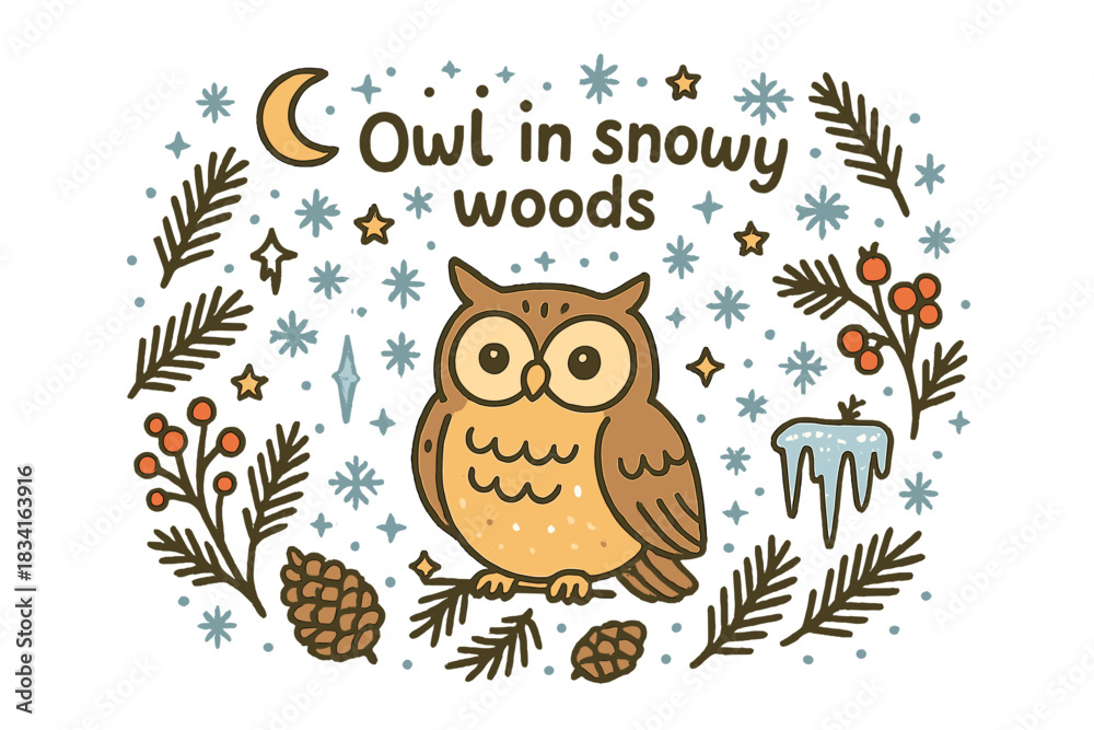 Obraz premium Owl in Snowy Woods. Owl in snowy woods. Hand-drawn doodle illustration of Owl in snowy woods. perched owl,