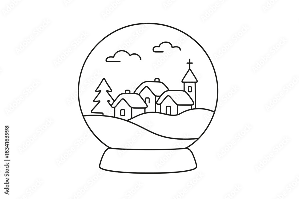 Obraz premium Minimalistic Winter Globe. Winter scene globe. Minimalistic one-line drawing tiny snow-covered village inside