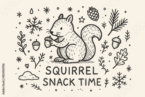 Squirrel Snack Doodle. Squirrel snack time. Hand-drawn doodle illustration of Squirrel snack time. Central