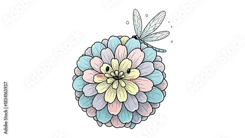 Whimsical Bloom: A delicate illustration captures a cheerful flower adorned with pastel petals and a serene dragonfly, creating an atmosphere of gentle, springtime magic.