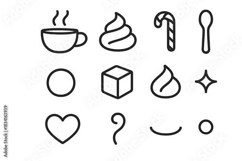 Cozy Drink Icons. Cozy drink elements. Line outline icon set of Cozy drink elements: steaming cup, swirl foam,