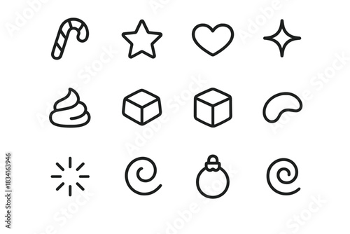 Holiday Treat Icons. Holiday treat icons. Line outline icon set of Holiday treat icons: candy cane, mini star,