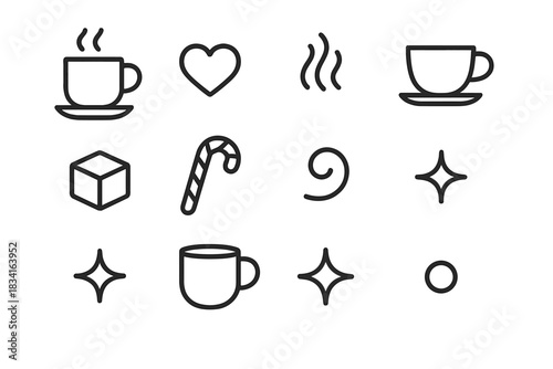 Cozy Winter Icons. Cozy winter beverage. Line outline icon set of Cozy winter beverage: steaming mug, warm